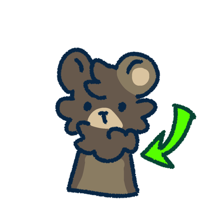  a brown bear with a light brown tummy. There is a green arrow pointing to bear